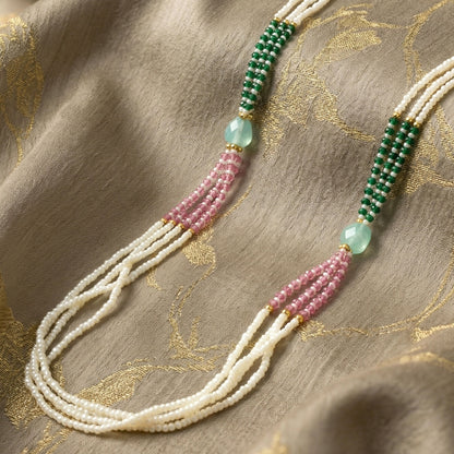 Elegant Multi-Layer Pearl Beaded Necklace with Green, Pink & Pastel Stone Accents