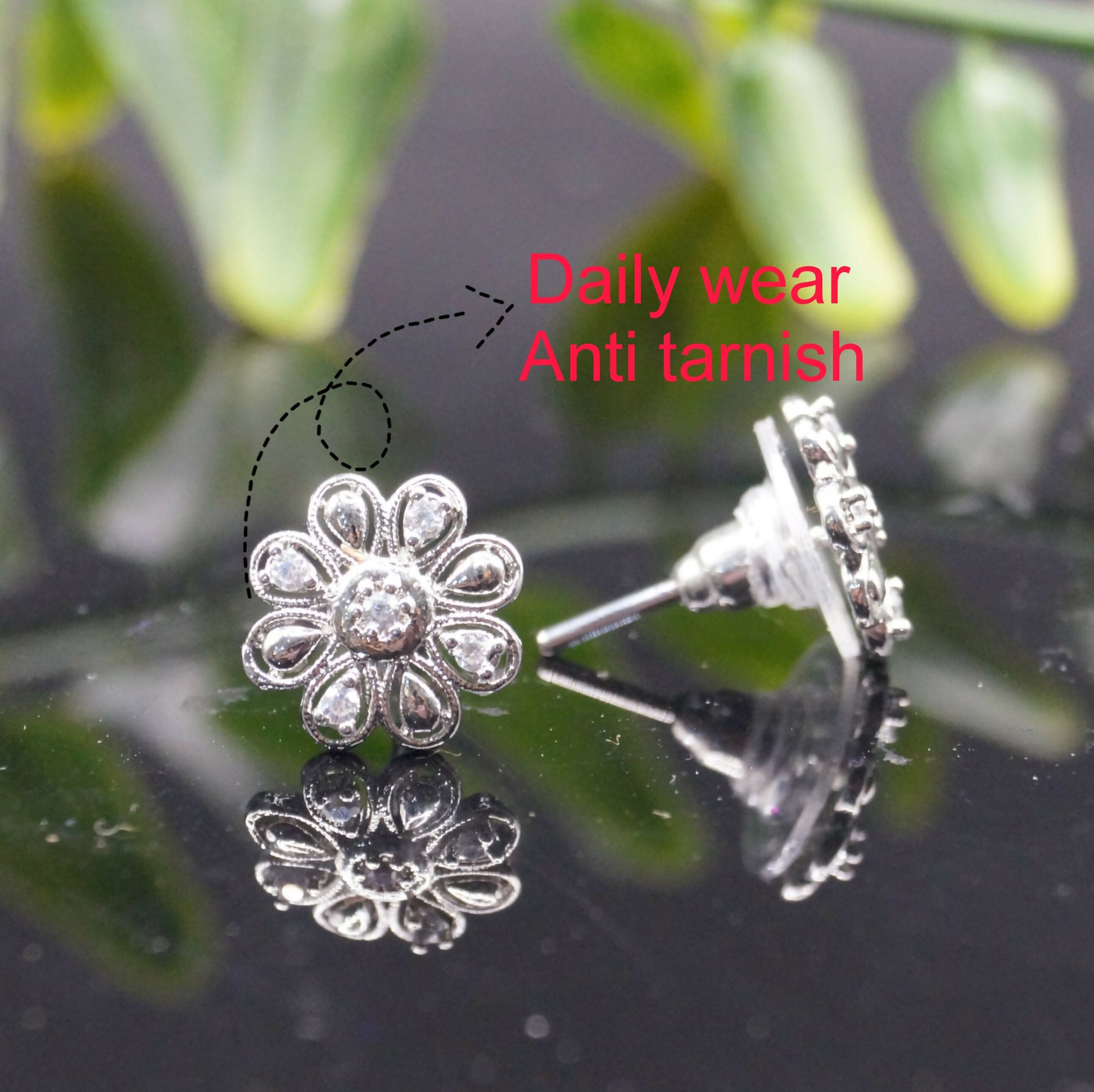Dainty Silver Flower Stud Earrings with AD for women and girls