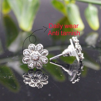 Dainty Silver Flower Stud Earrings with AD for women and girls