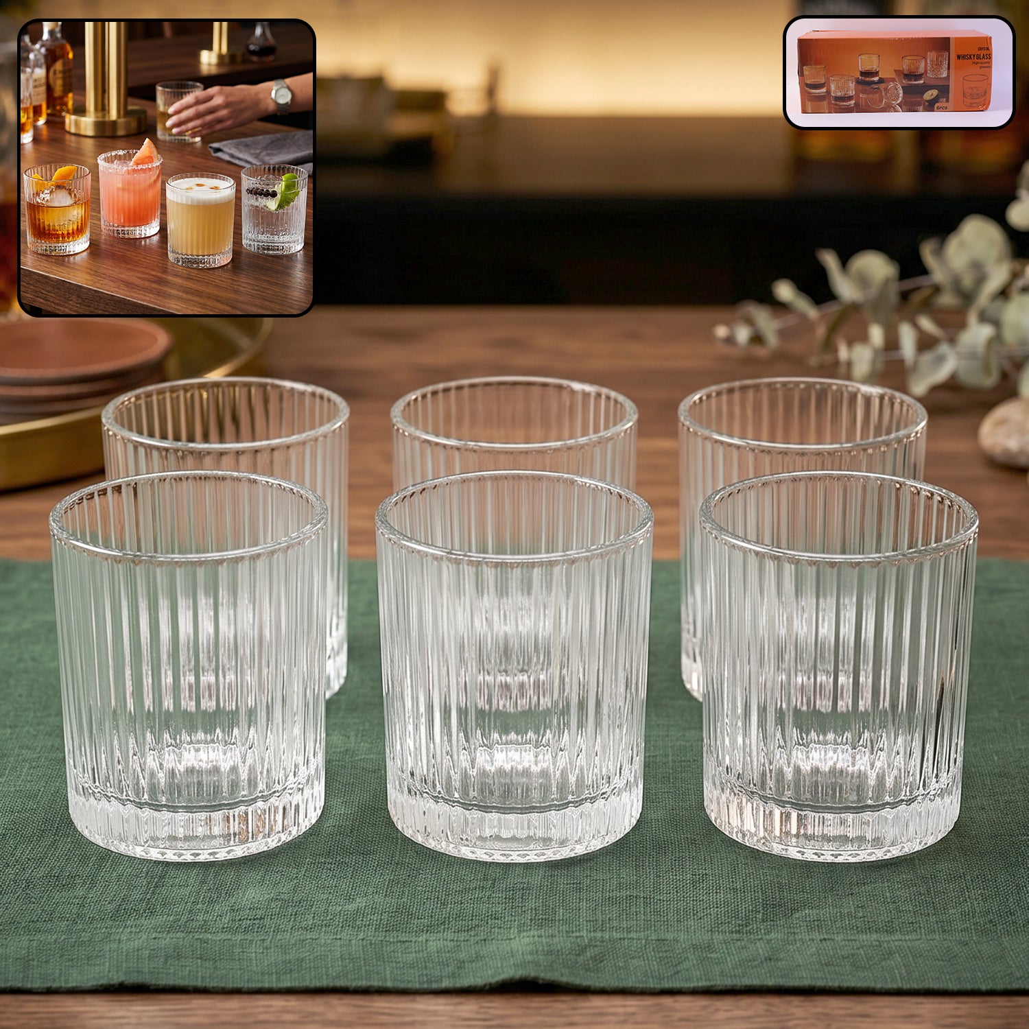 Ribbed Whisky Glass Set in Crystal Style