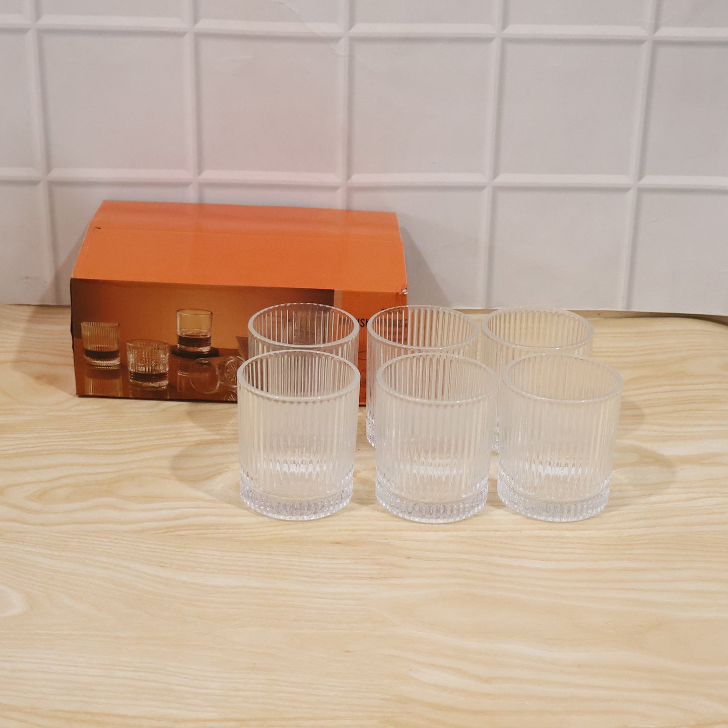 Premium Crystal Glass Tumbler Set of 6 - 250 ML Ribbed Design