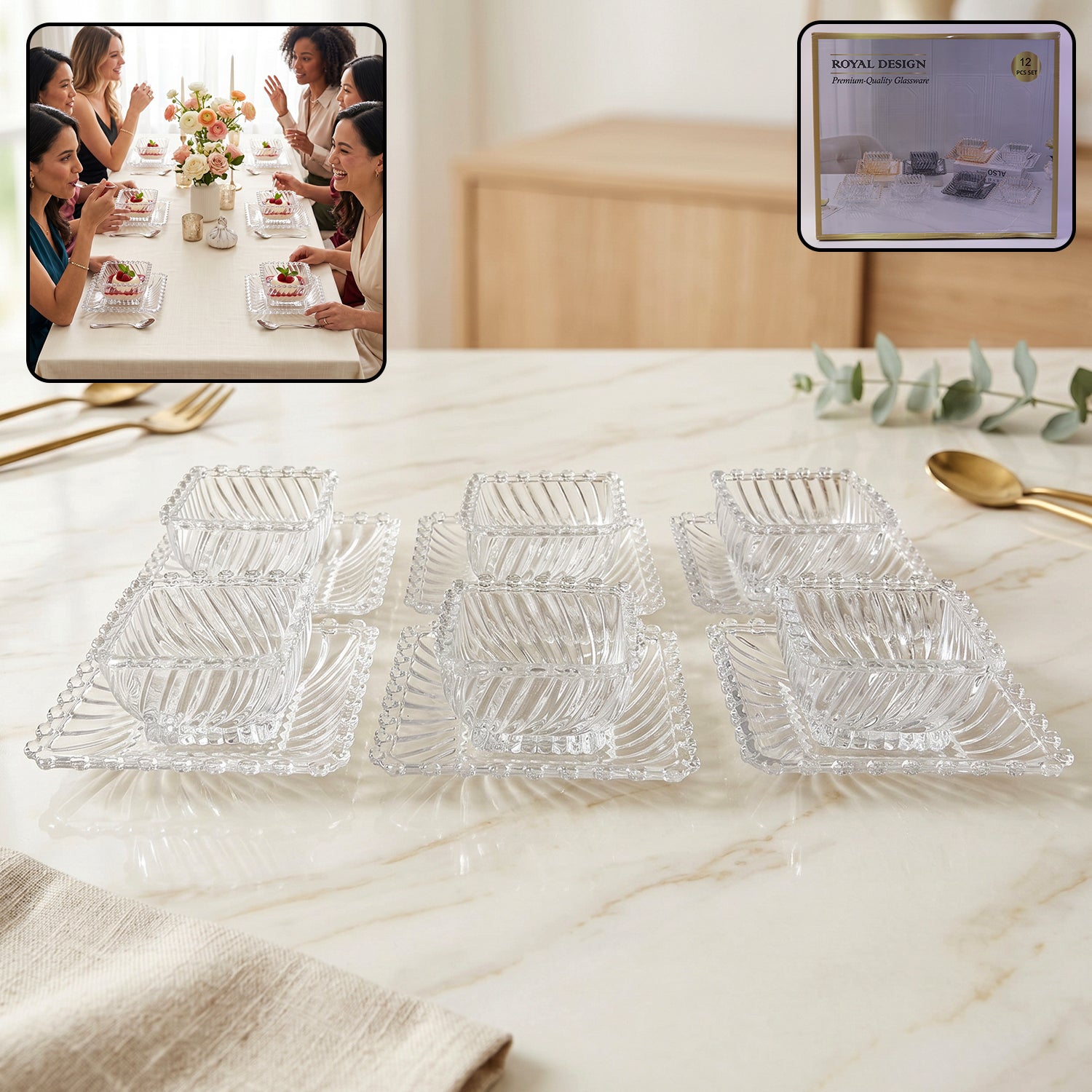 Elegant Glass Dessert Serving Bowls and Plates Set