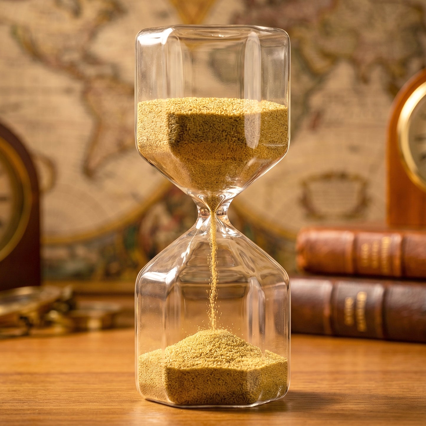 Transparent decorative sand timer hourglass on desk
