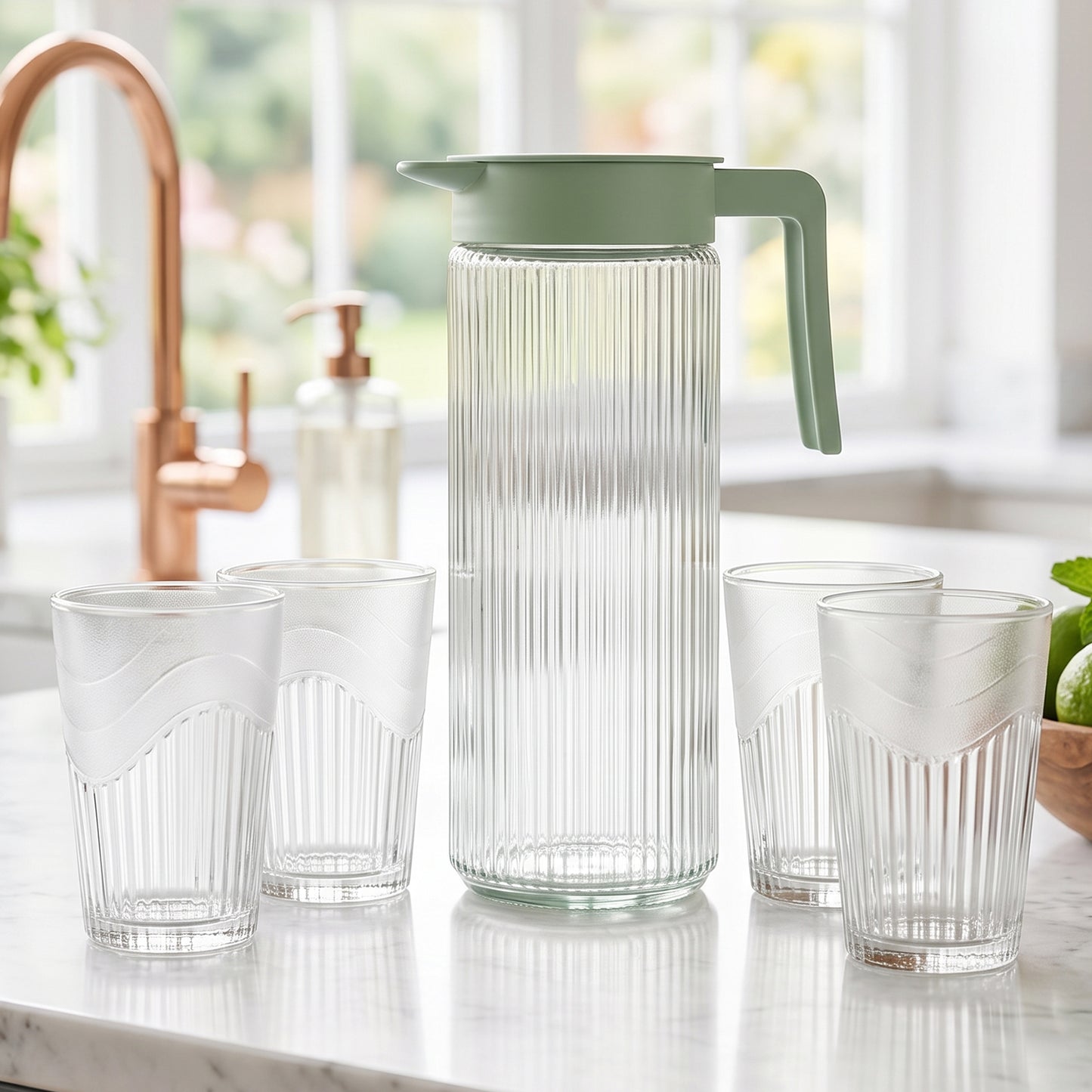 Glass Water Jug with Lid and 4 Glasses Set Ribbed Pitcher Carafe (1 Set)