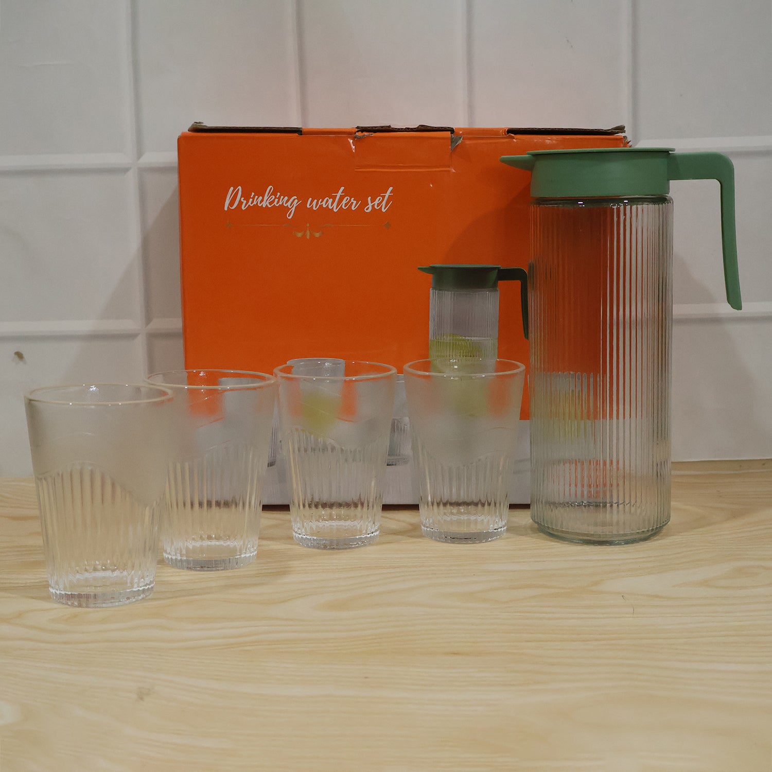 Glass Water Jug with Lid and 4 Glasses Set Ribbed Pitcher Carafe (1 Set)