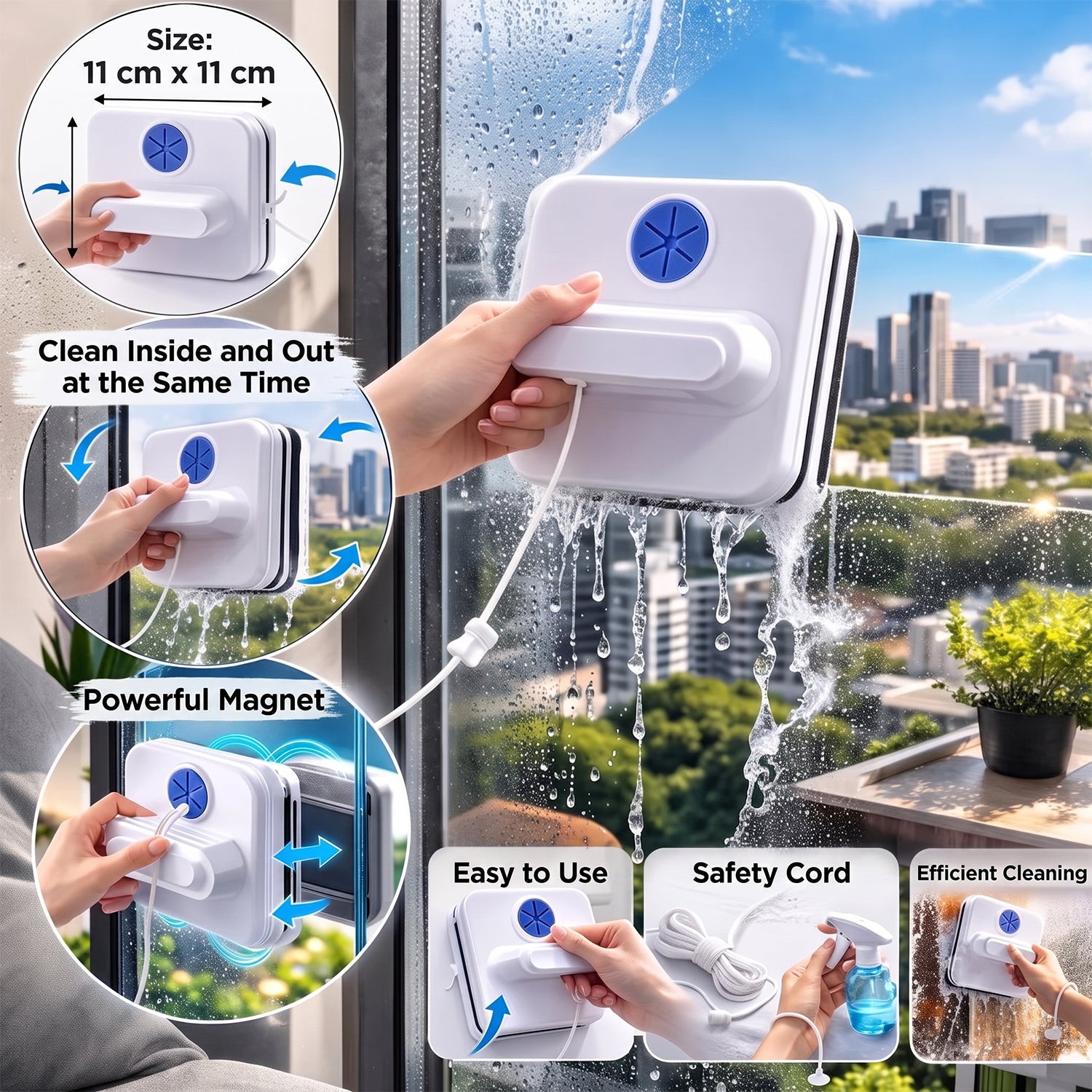 Double Sided Magnetic Window Cleaner, Glass Wiper with Safety Rope (1 Set)