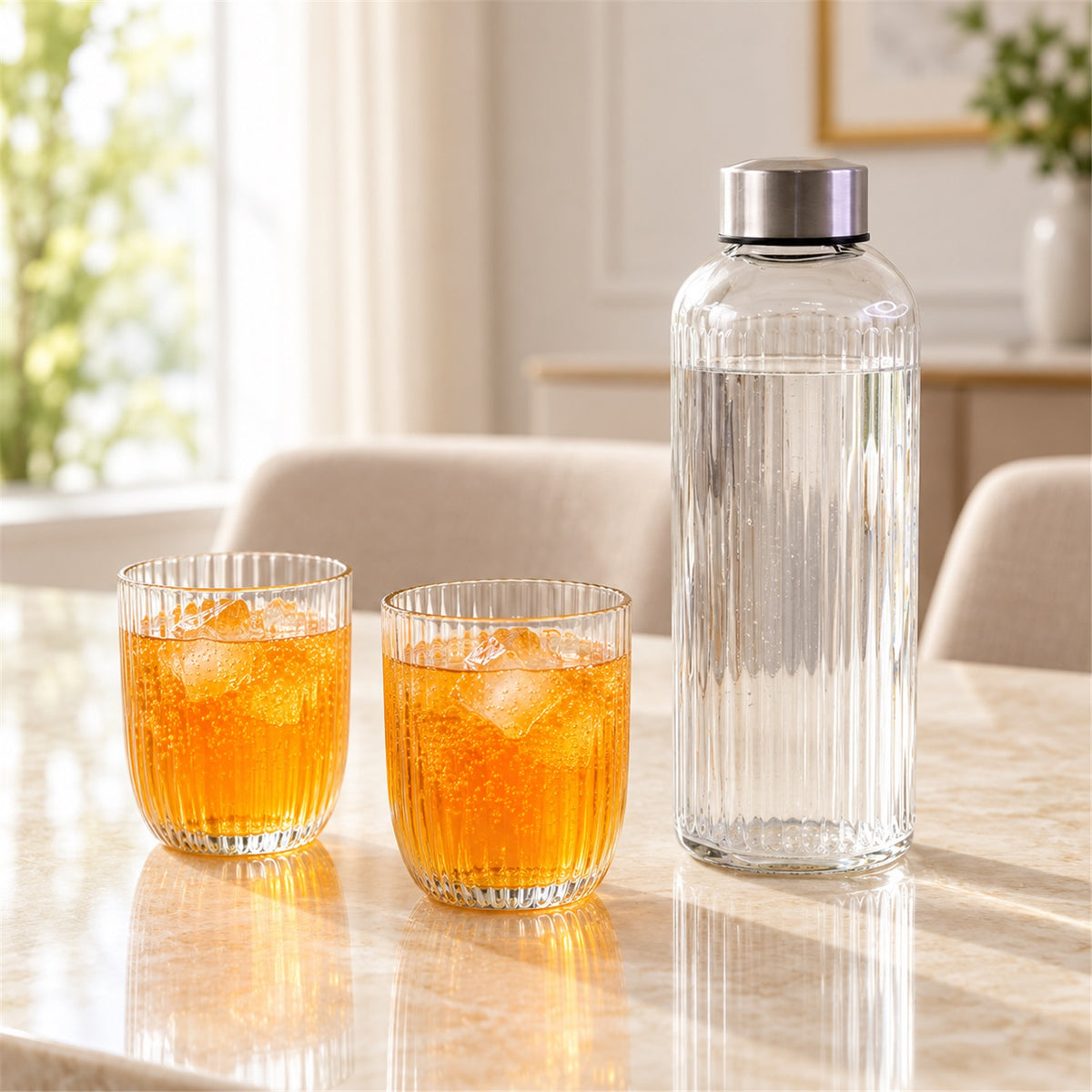 Bottle and Glass Gift Set, Ribbed Water Bottle with 2 Glasses (3 Pc Set)