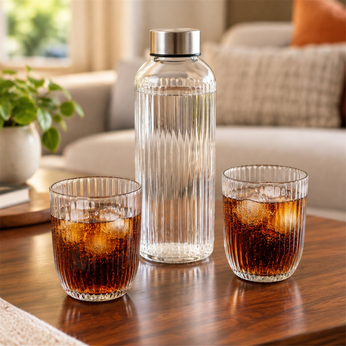 Bottle and Glass Gift Set, Ribbed Water Bottle with 2 Glasses (3 Pc Set)