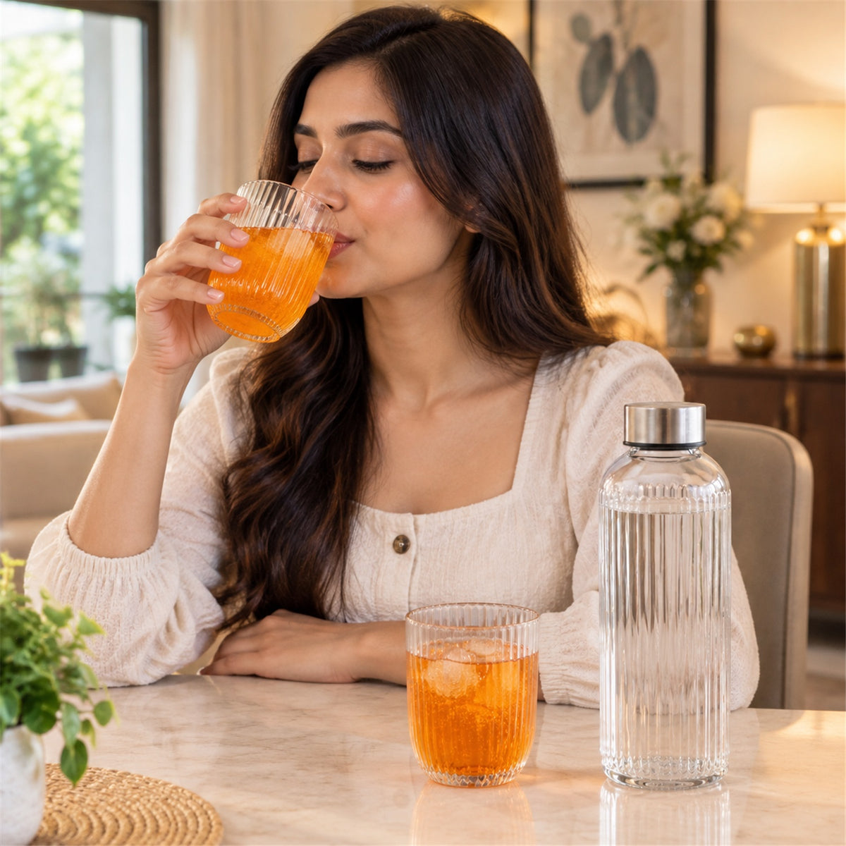 Bottle and Glass Gift Set, Ribbed Water Bottle with 2 Glasses (3 Pc Set)