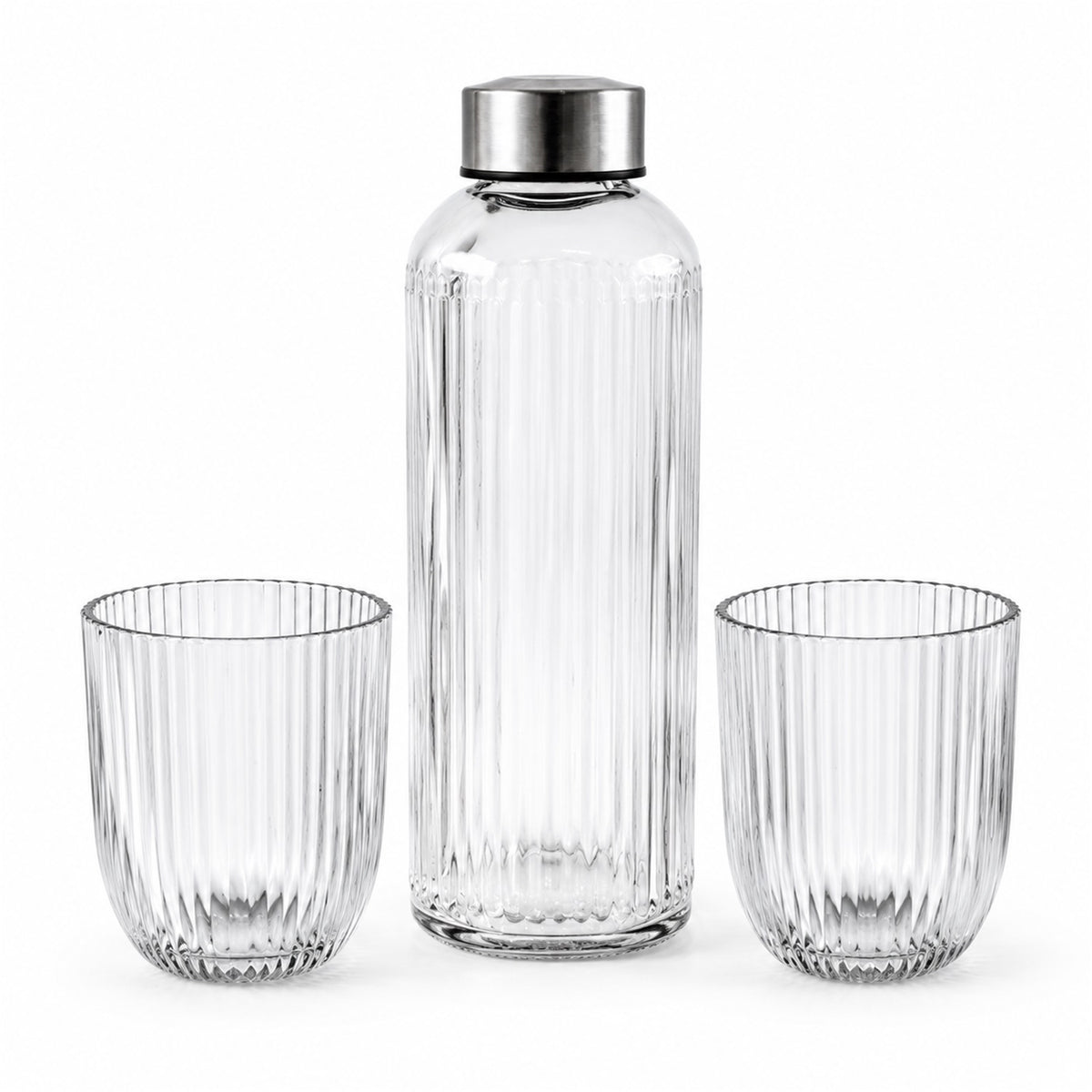 Bottle and Glass Gift Set, Ribbed Water Bottle with 2 Glasses (3 Pc Set)