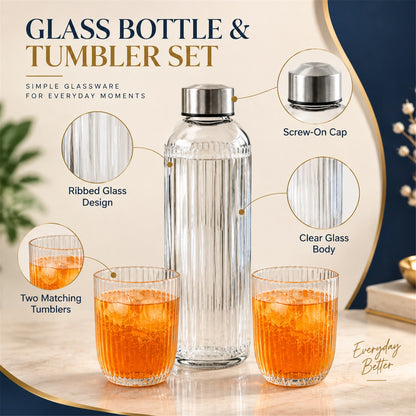 Bottle and Glass Gift Set, Ribbed Water Bottle with 2 Glasses (3 Pc Set)