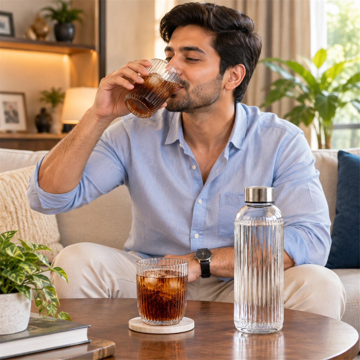 Bottle and Glass Gift Set, Ribbed Water Bottle with 2 Glasses (3 Pc Set)
