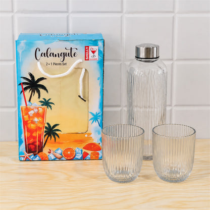 Bottle and Glass Gift Set, Ribbed Water Bottle with 2 Glasses (3 Pc Set)