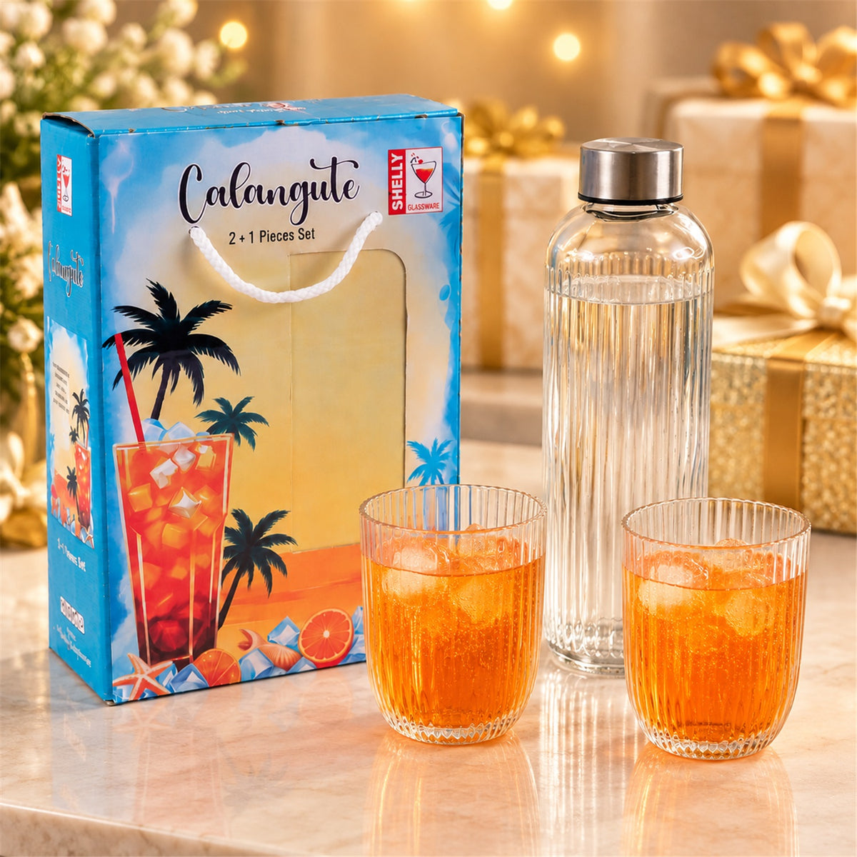 Bottle and Glass Gift Set, Ribbed Water Bottle with 2 Glasses (3 Pc Set)