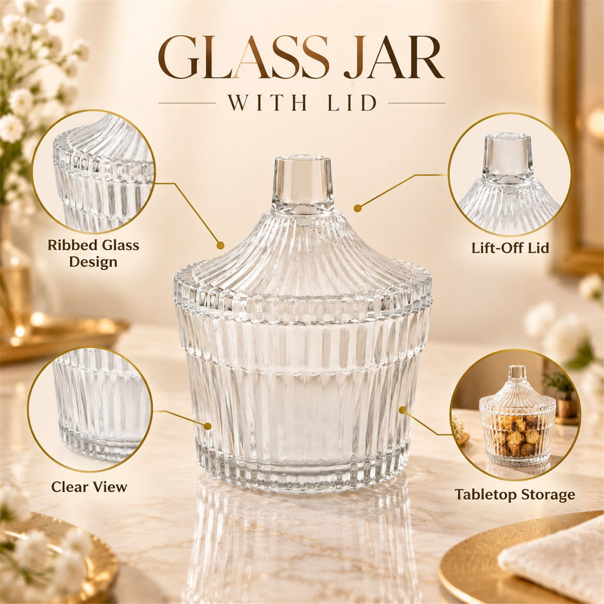 Crystal Clear Candy Jar with Lid, Ribbed Dry Fruit and Sweet Storage Jar (1 Pc)