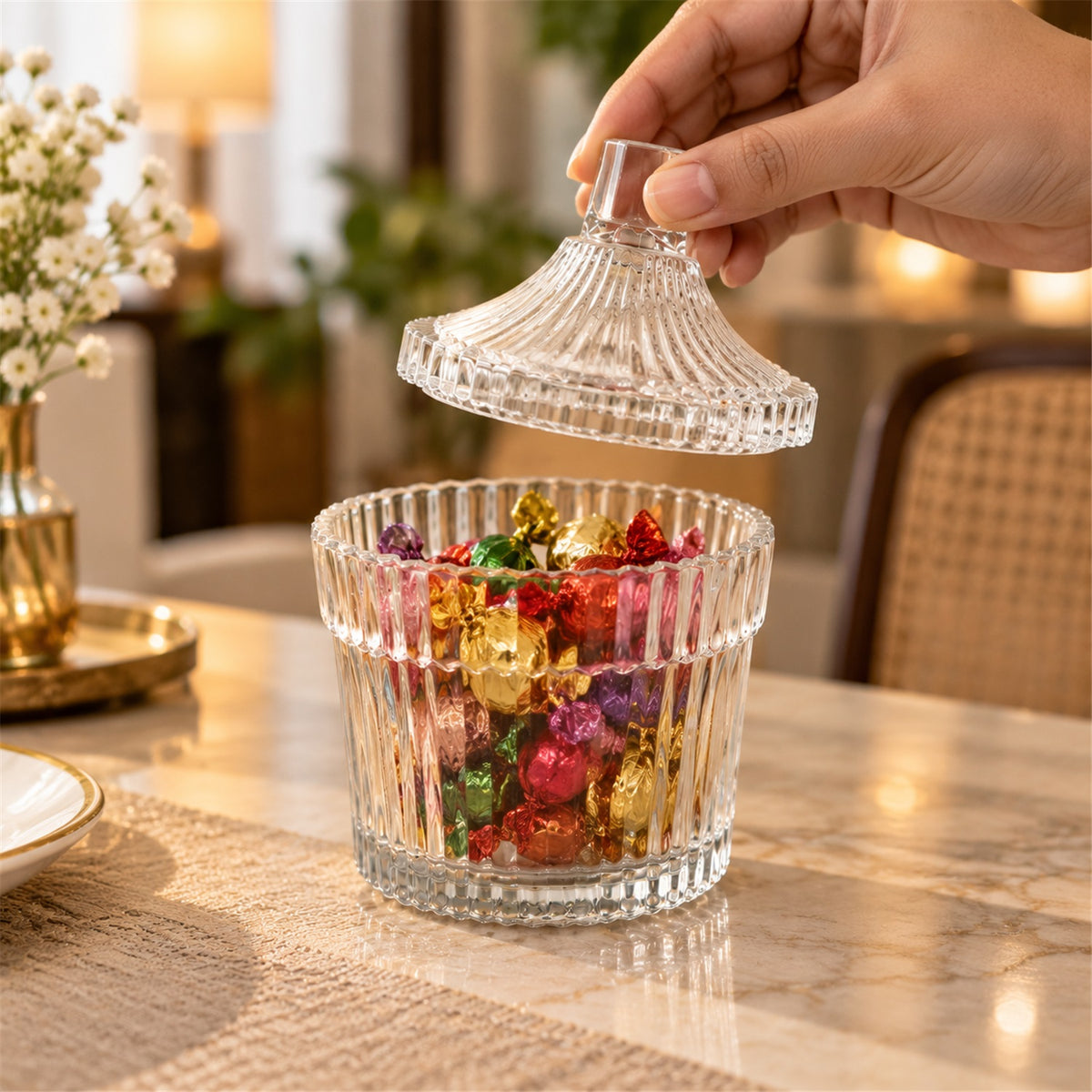 Crystal Clear Candy Jar with Lid, Ribbed Dry Fruit and Sweet Storage Jar (1 Pc)