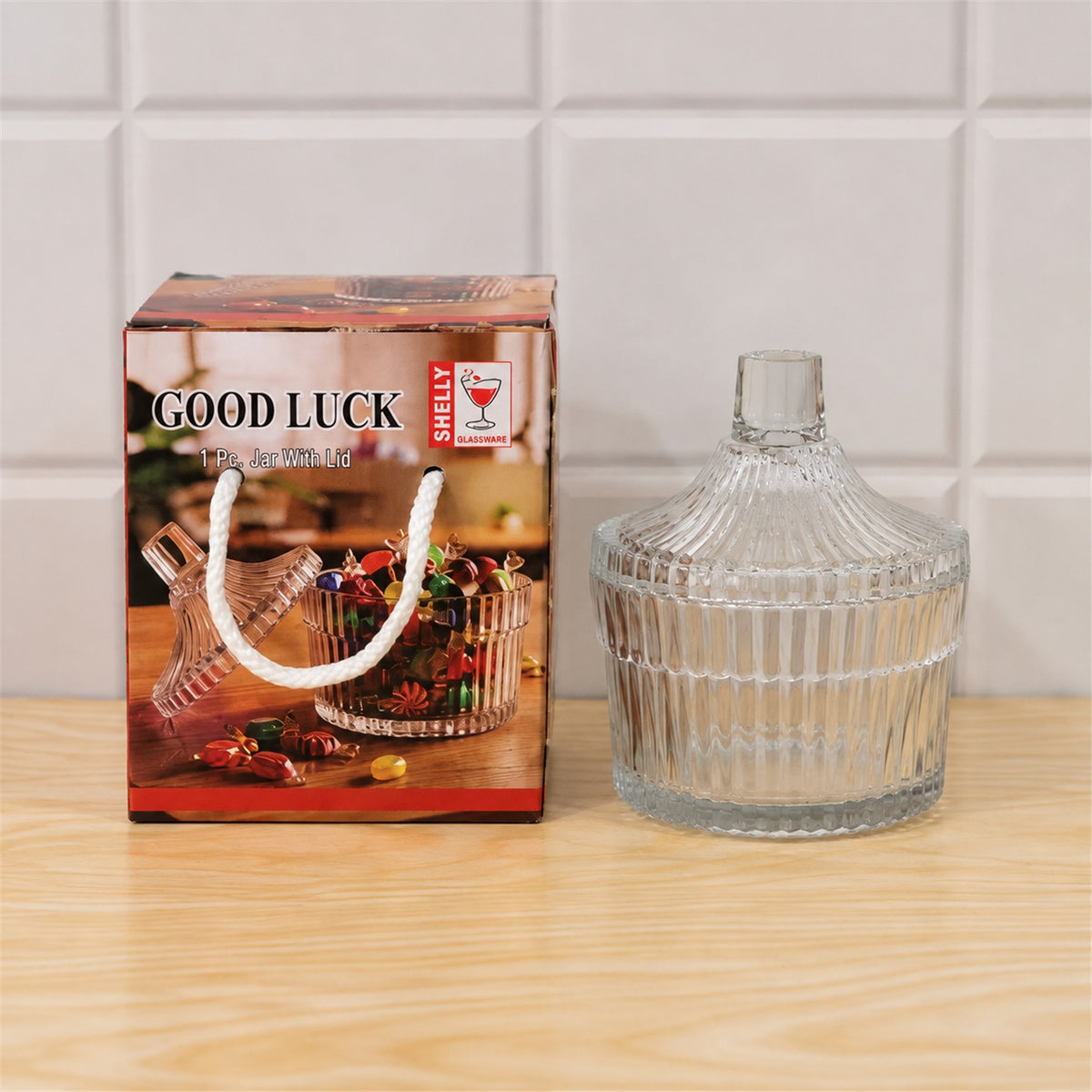 Crystal Clear Candy Jar with Lid, Ribbed Dry Fruit and Sweet Storage Jar (1 Pc)