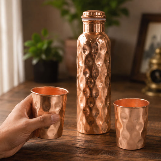 Diamond Cut Copper Water Bottle & 2 Glasses Gift Set (3 Pcs)