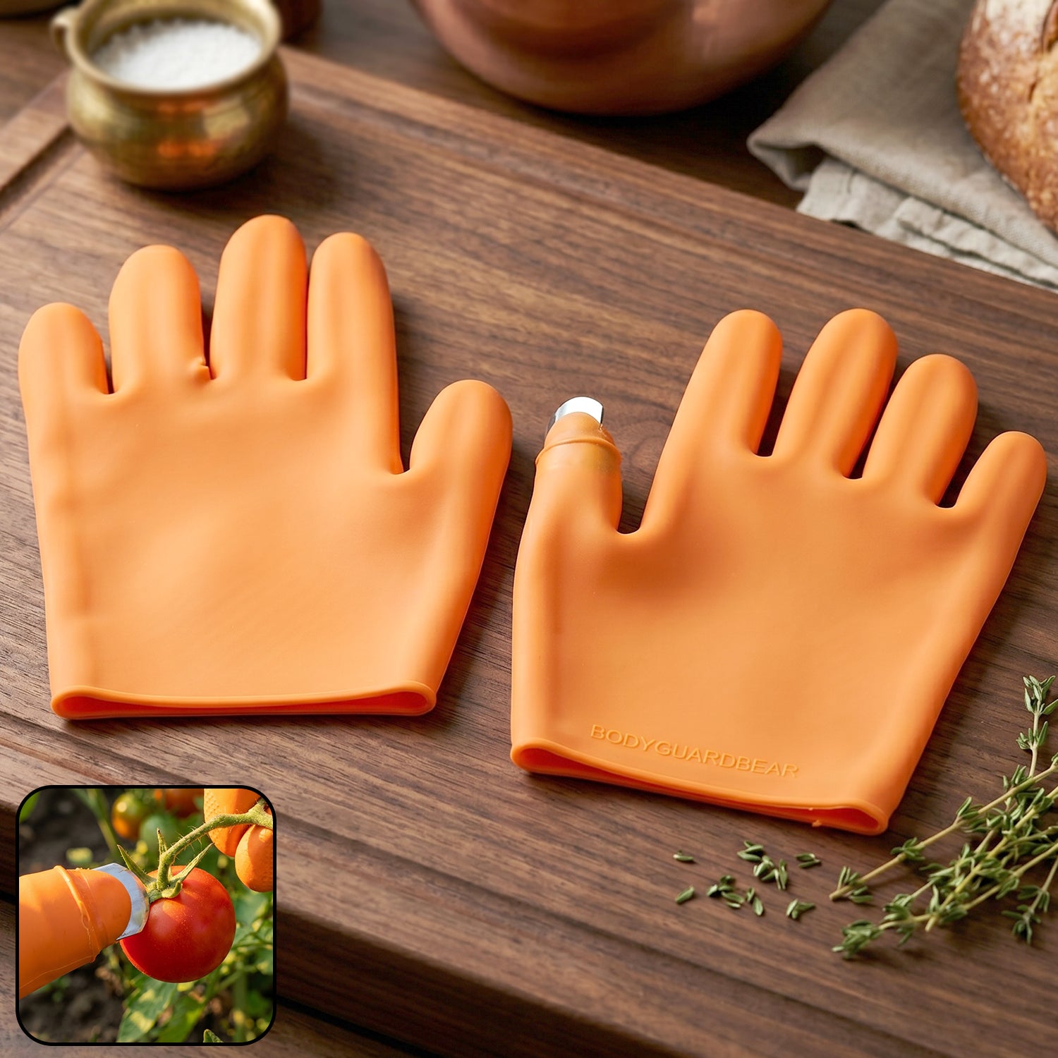 Cisora silicone gloves with thumb knife finger protector, bright orange pair
