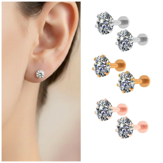 Silver Gold rose Plated Round AD Solitaire Flat Back Stud Earrings Combo Pack of 3