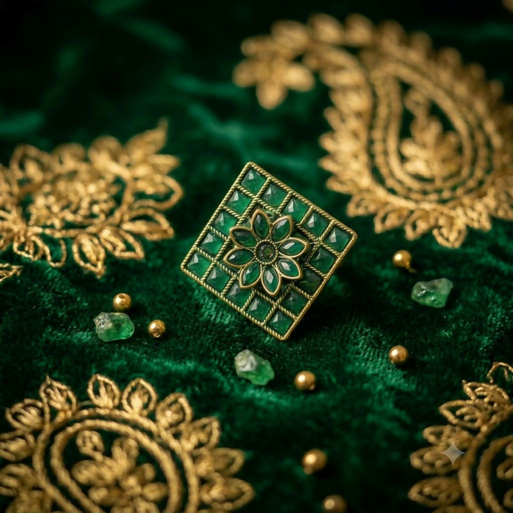 Side view of the green floral statement ring, highlighting its premium gold finish