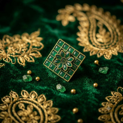 Side view of the green floral statement ring, highlighting its premium gold finish