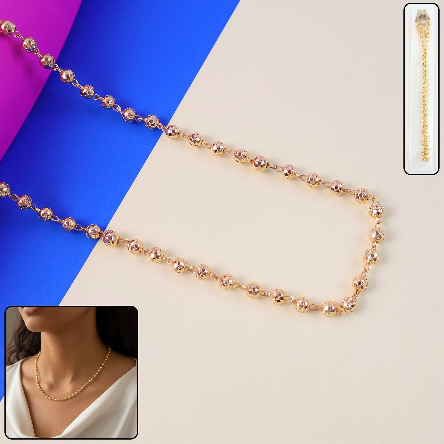 Gold Tone Beaded Necklace Chain – Elegant Classic Design for Women