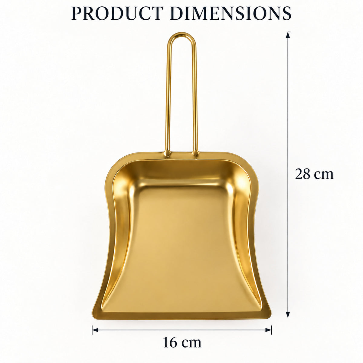 A gold-toned metal dustpan with a loop handle is centered on a white background, with dimensions of 28 cm by 16 cm indicated.