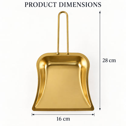 A gold-toned metal dustpan with a loop handle is centered on a white background, with dimensions of 28 cm by 16 cm indicated.
