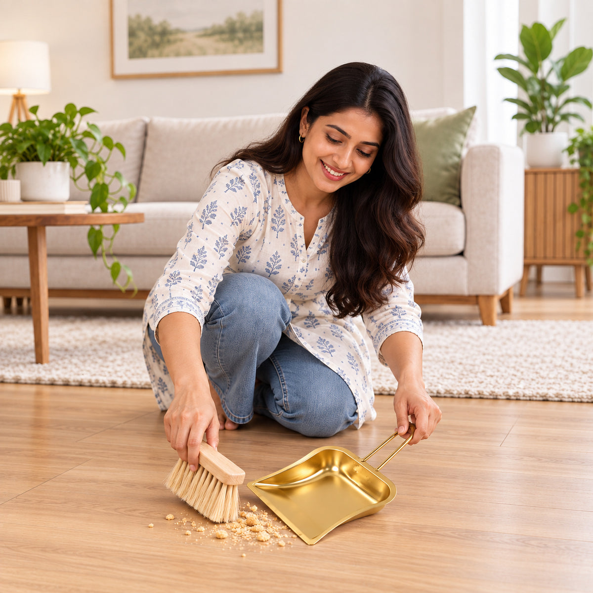 A smiling woman kneels on a wooden floor, using a small brush to sweep crumbs into a golden dustpan.