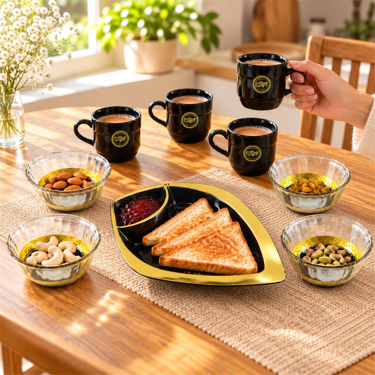 Set of 4pc ceramic cup and 4pc glass bowl.
