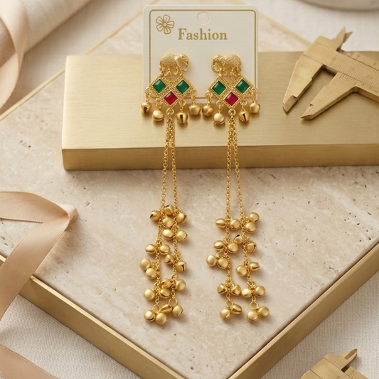Traditional Gold Elephant Drop Kashmiri Earrings with Multicolor Stone Accents