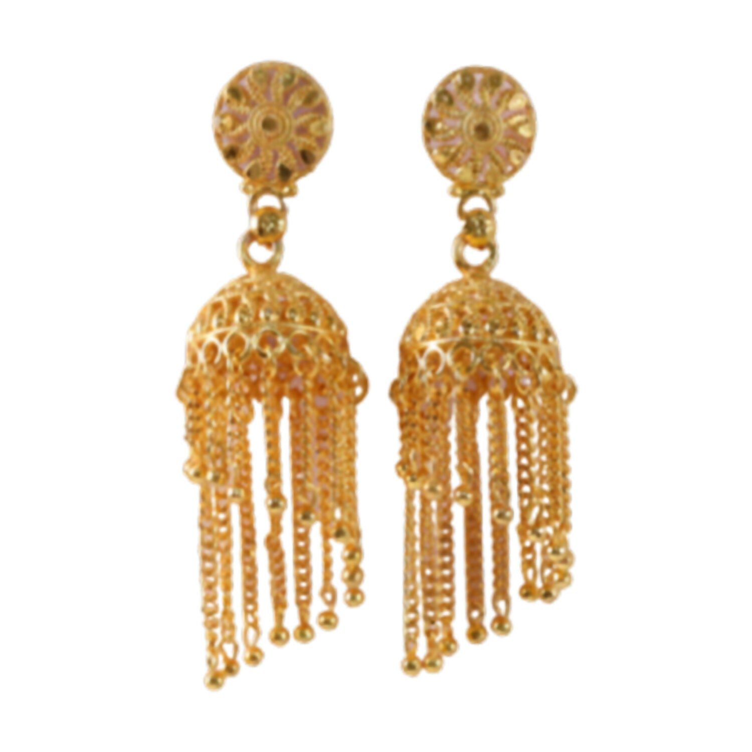 Golden Chain Tassel Jhumka Earrings artistic shot