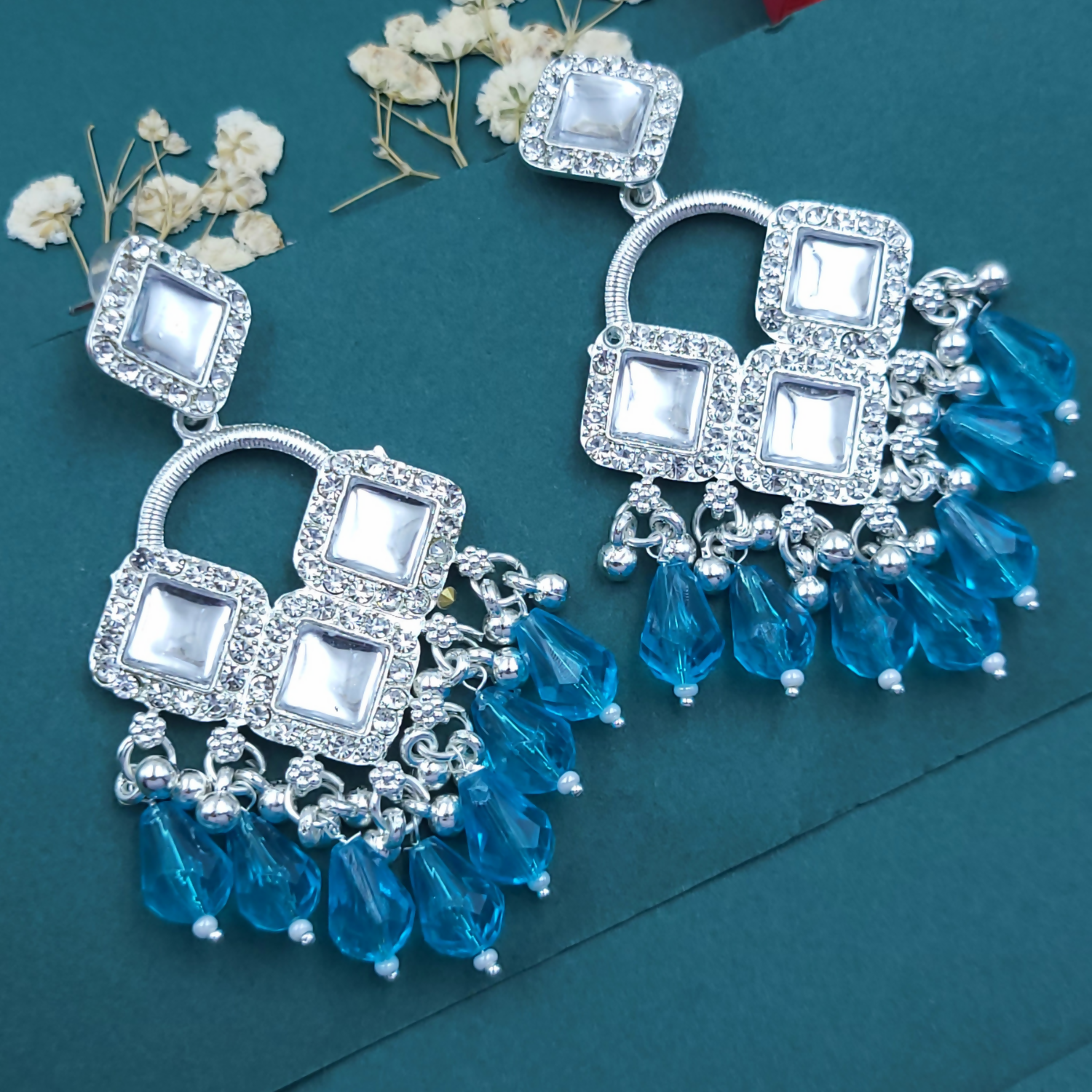 Elegant Silver Plated Chandelier Earrings Featuring Square Crystals and Aqua Blue Teardrop Beads
