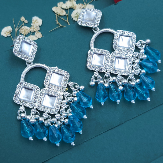 Elegant Silver Plated Chandelier Earrings Featuring Square Crystals and Aqua Blue Teardrop Beads
