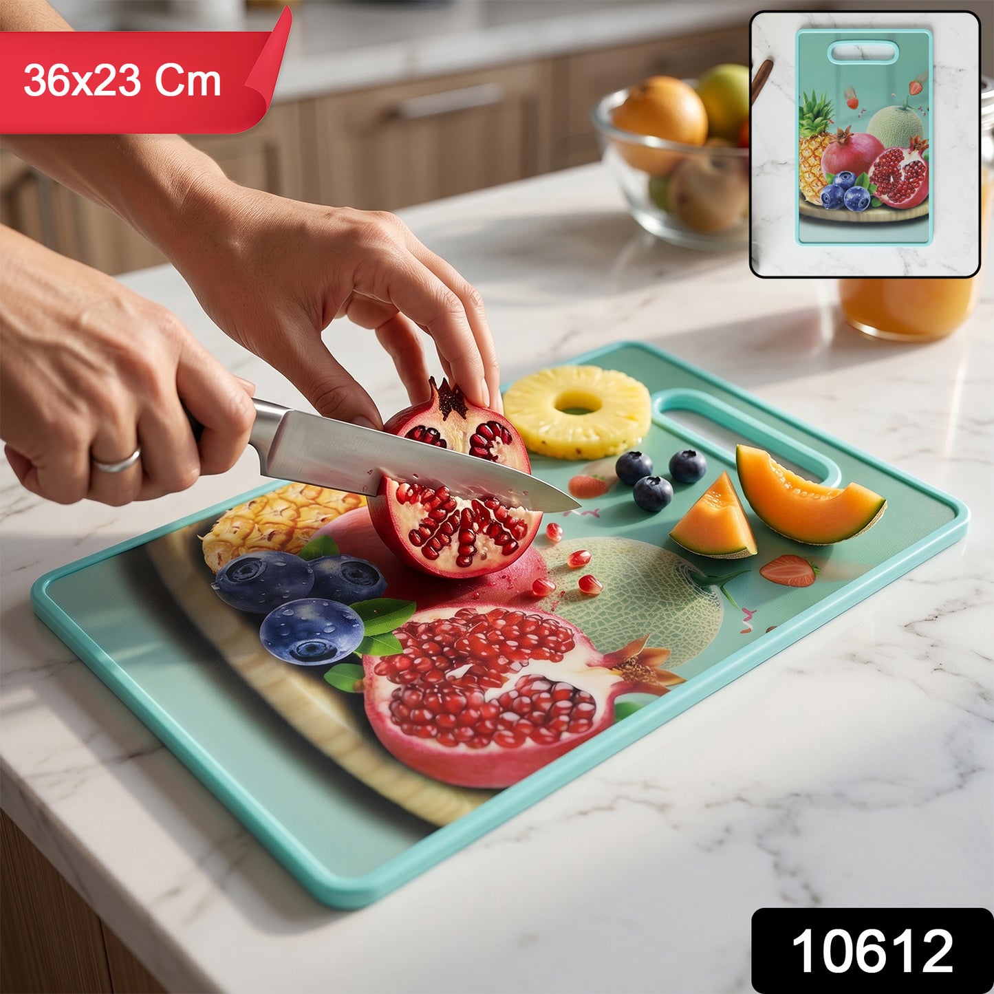 Green cutting board flat view with handle