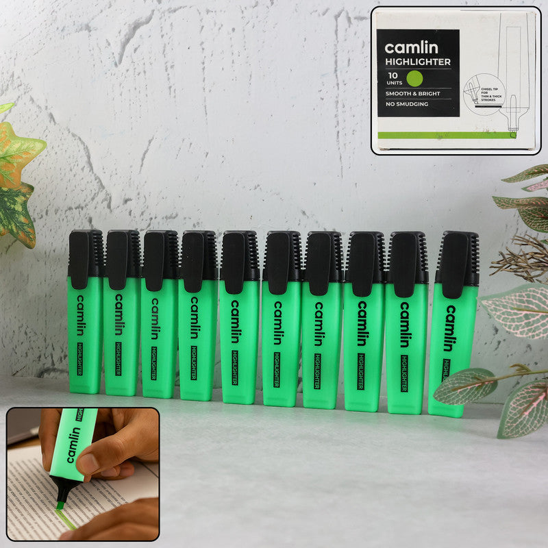 Camlin Highlighter Green – Smooth & Bright Fluorescent Highlighter Pen (Pack of 10)