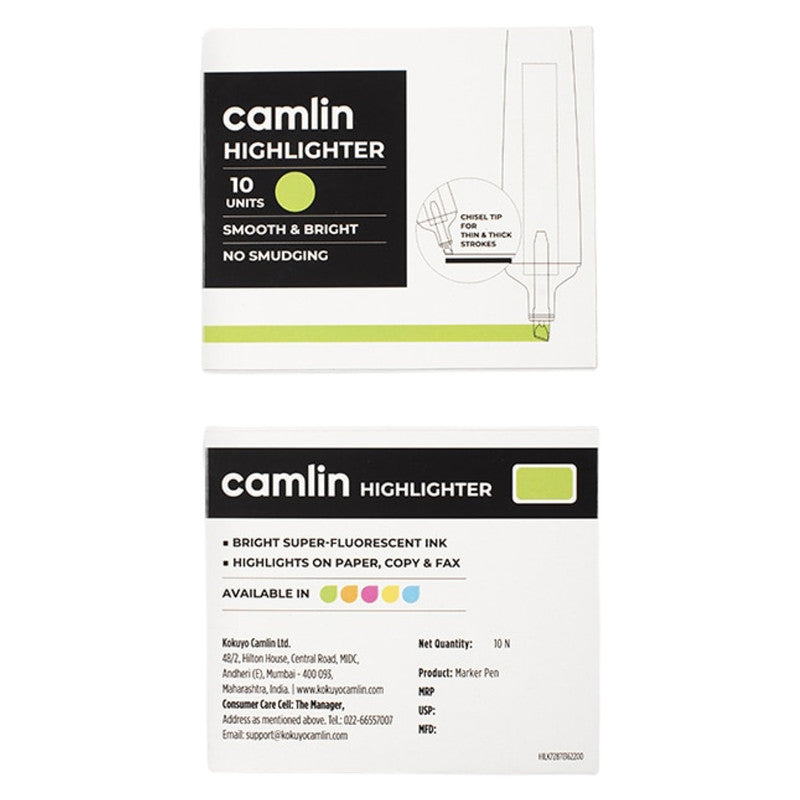 Camlin Highlighter Green – Smooth & Bright Fluorescent Highlighter Pen (Pack of 10)