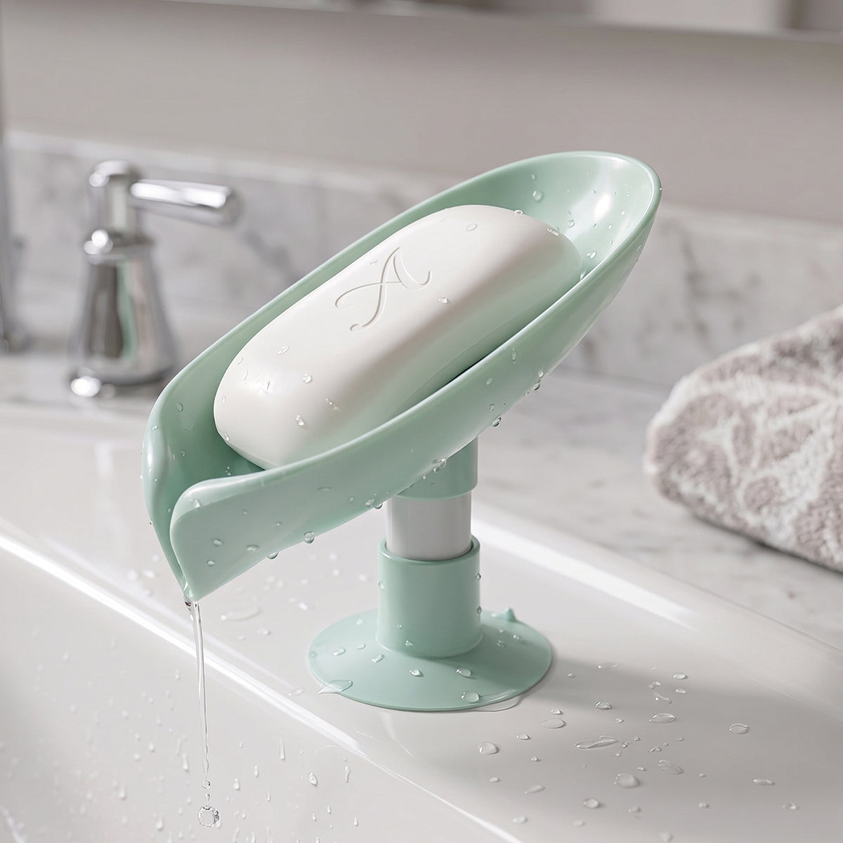 Close-up of waterproof plastic soap holder with leaf design and drainage system