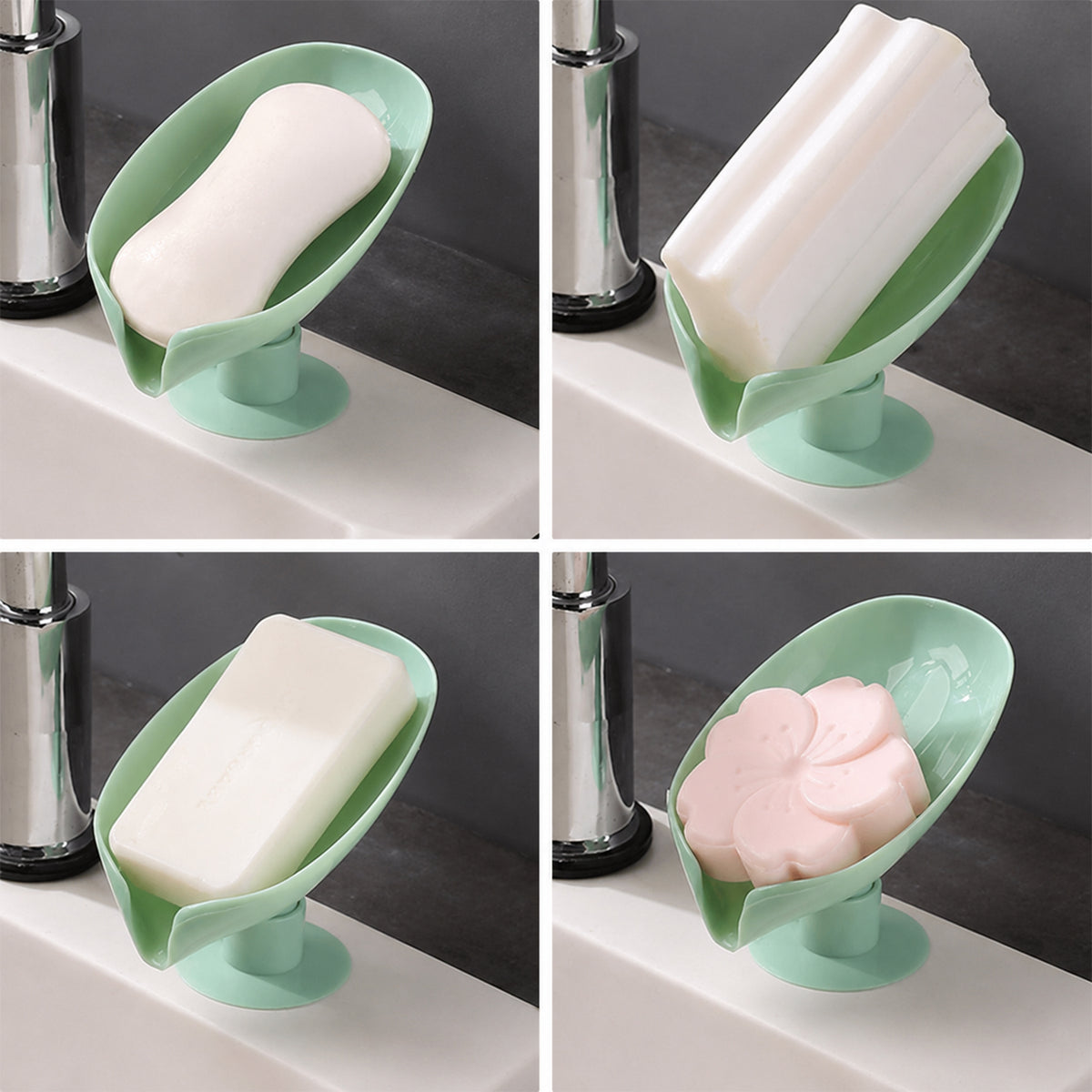 Decorative green soap holder with suction cups mounted on bathroom wall