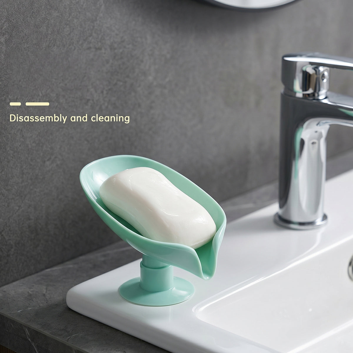 Stylish leaf-shaped suction cup soap holder in bathroom setting