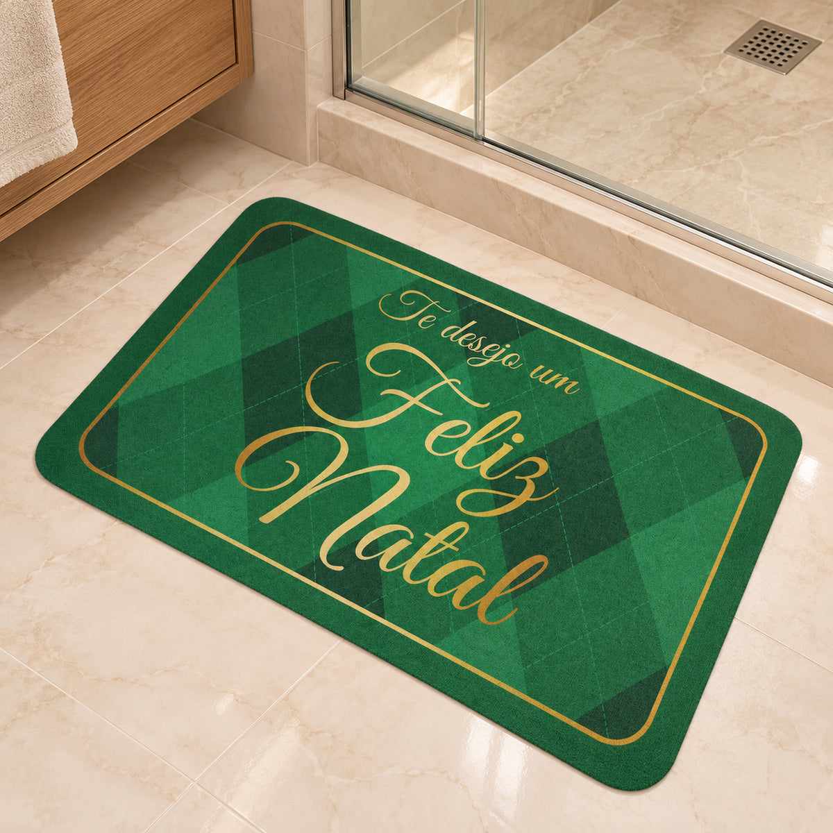 Christmas Greeting Bath Mat, Green Argyle Absorbent Door Rug (1 Pc, 60x40 Cm)
