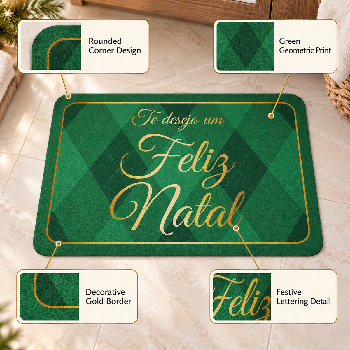 Christmas Greeting Bath Mat, Green Argyle Absorbent Door Rug (1 Pc, 60x40 Cm)