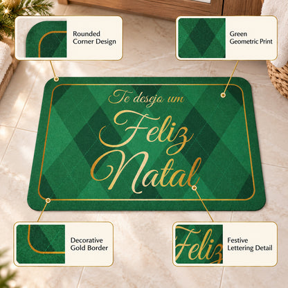 Christmas Greeting Bath Mat, Green Argyle Absorbent Door Rug (1 Pc, 60x40 Cm)