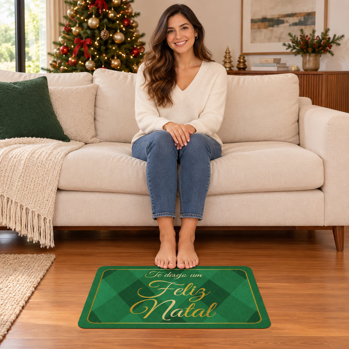Christmas Greeting Bath Mat, Green Argyle Absorbent Door Rug (1 Pc, 60x40 Cm)