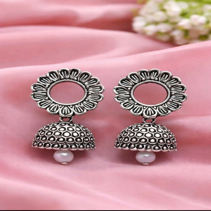 Oxidized Silver Floral Jhumka Earrings for Women – Traditional Ethnic Designer Jewelry (Pack Of 4)