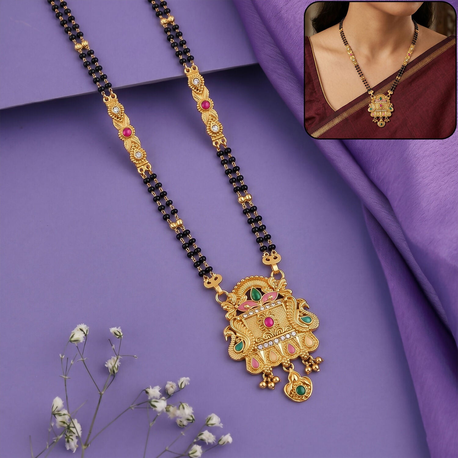 Rajwadi Temple Gate Pendant with Pink Leaf & Emerald Drops Long Double Strand Mangalsutra
