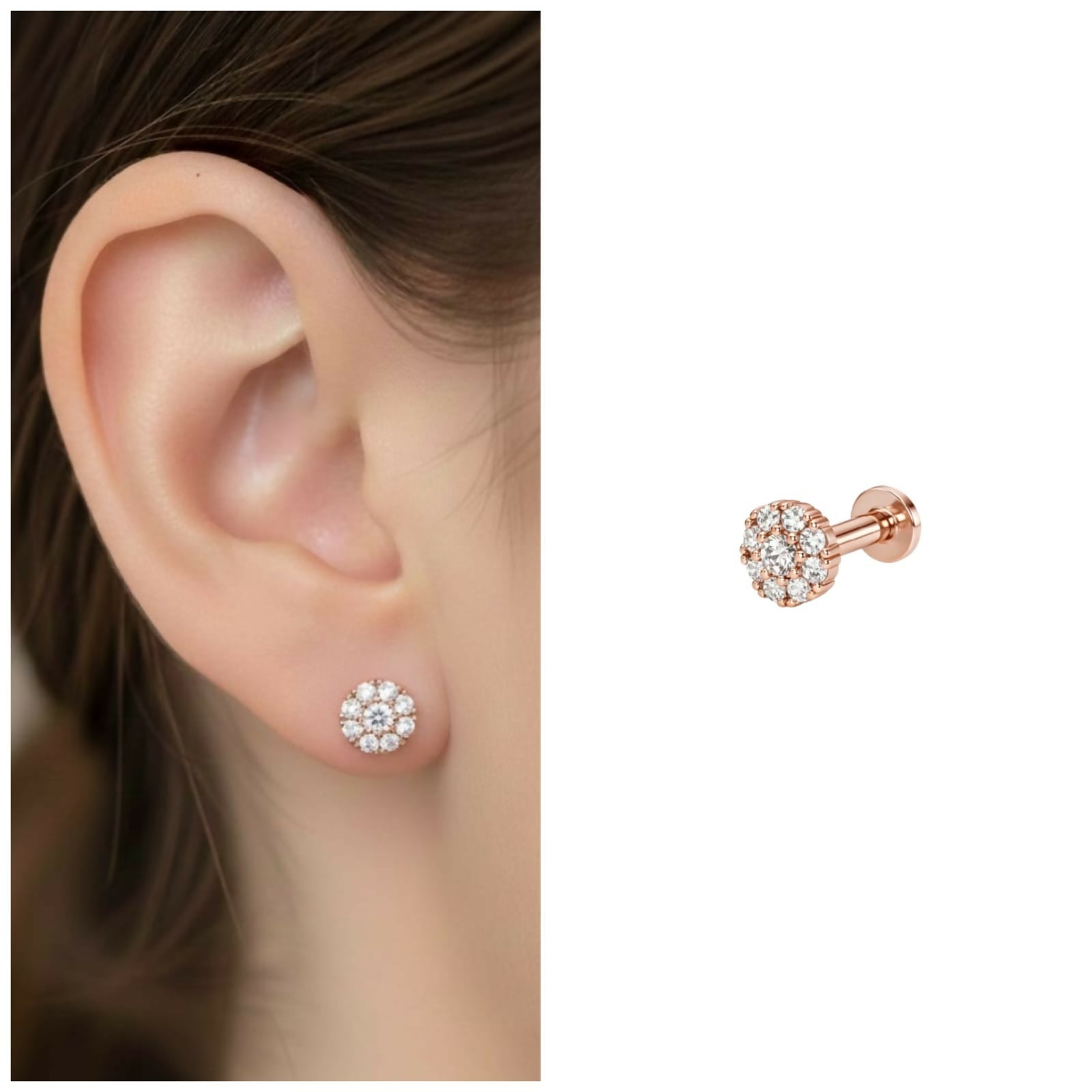 Side angle of rose gold AD cluster flat back stud earring illustrating comfortable flat back post