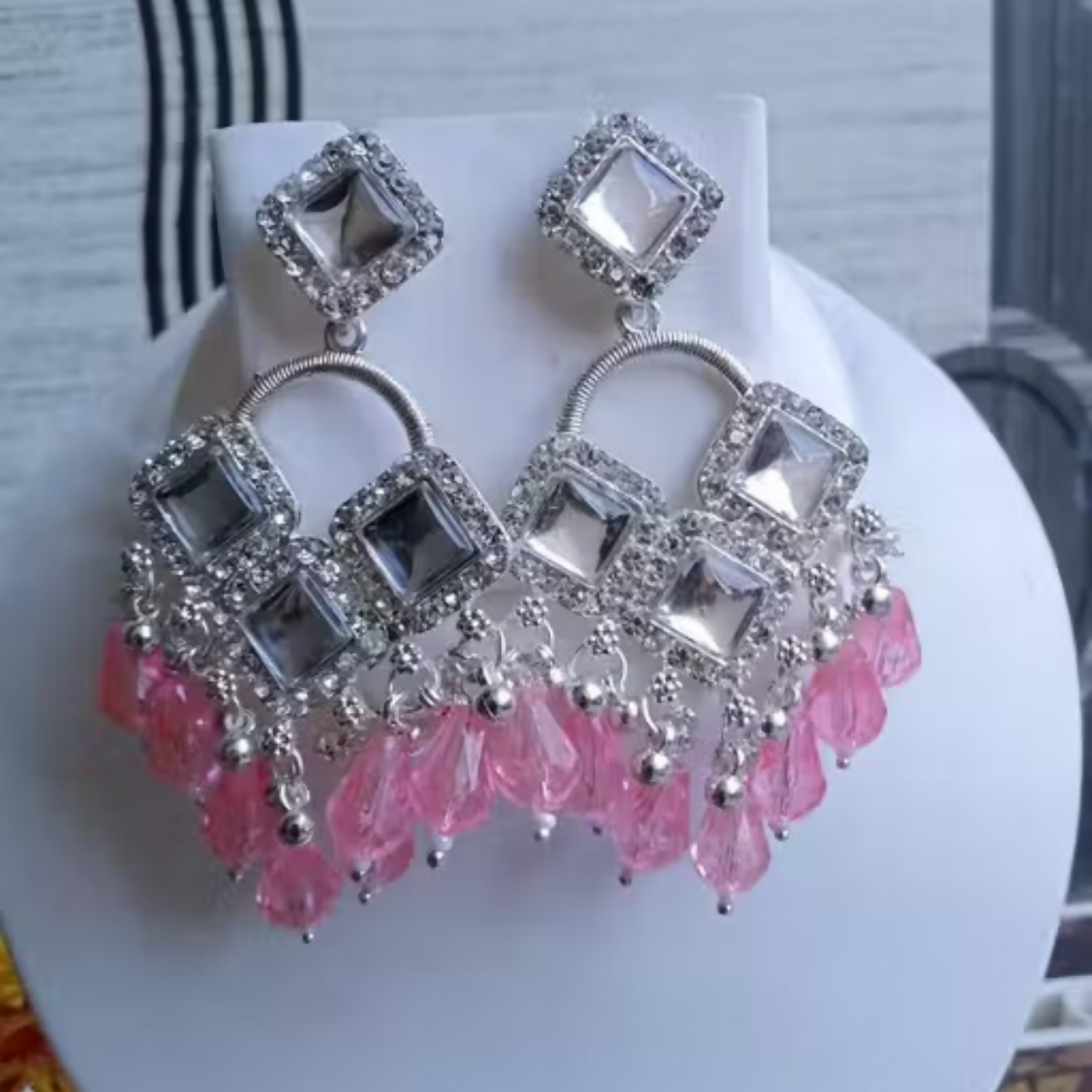 Elegant Silver Plated Chandelier Earrings Featuring Square Crystals and Baby Pink Teardrop Beads