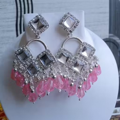 Elegant Silver Plated Chandelier Earrings Featuring Square Crystals and Baby Pink Teardrop Beads